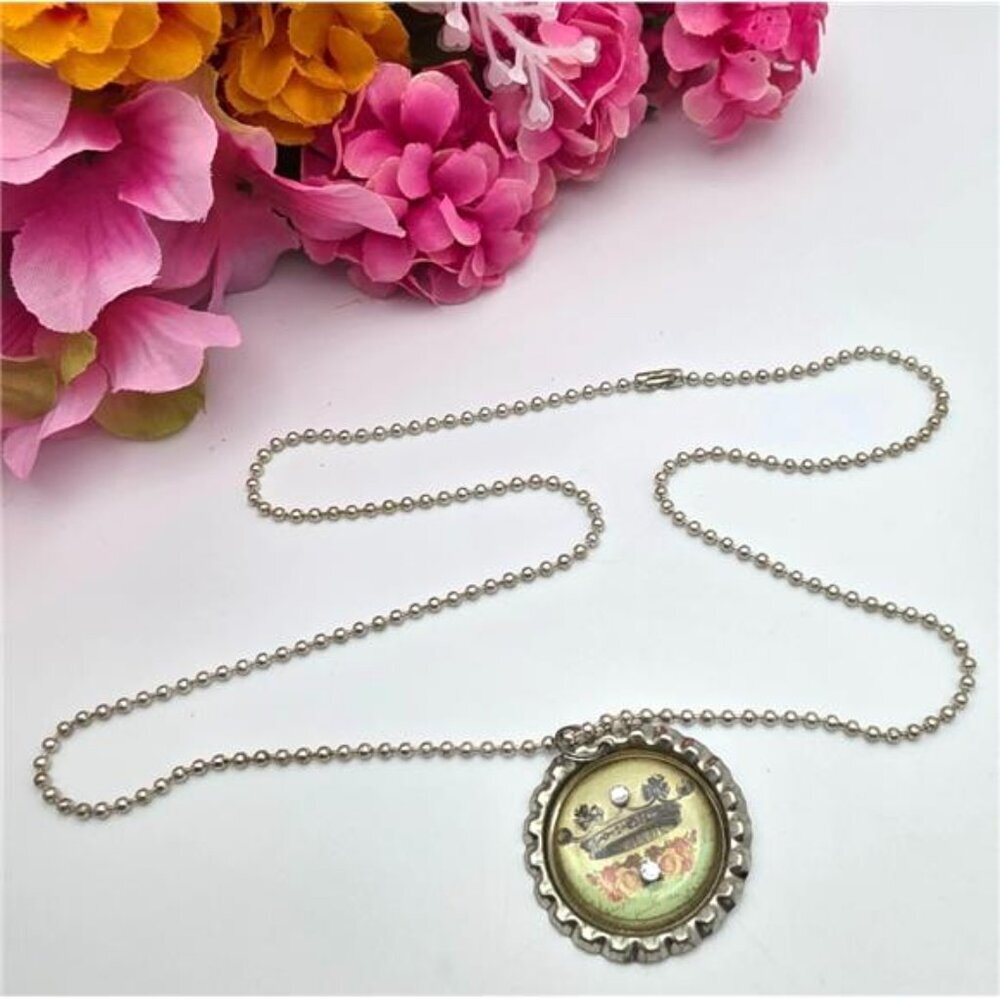 Paris French Bottle Cap Style Pendant Necklace with Crown Roses & Crystals 23 in